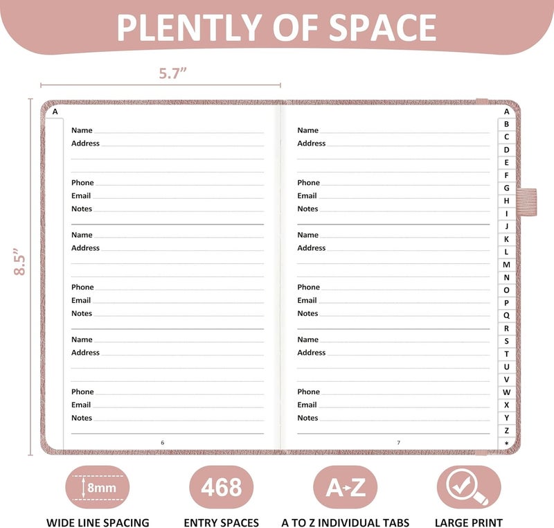 COMKISO Store Address Book with Individual Alphabetical Tabs Laminated, Large Print Address Book with 468 Wide Lining Entry Spaces, Change of Address Labels, Hardcover Address Book 5.7 x 8.5" - Rose Gold - Image 3